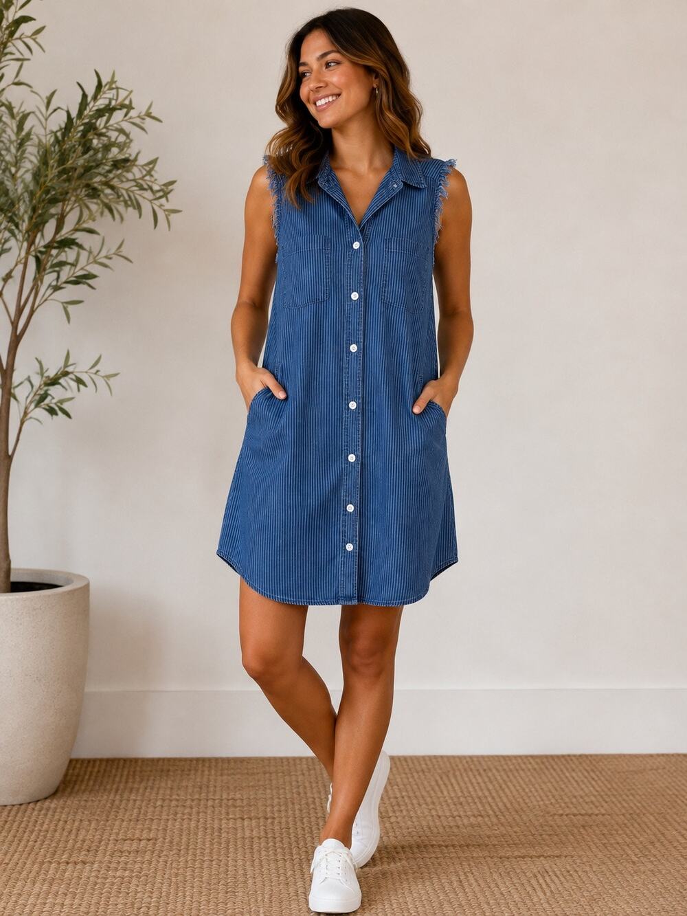Fifteen Twenty Blue Striped Button Front Shirt Dress Frayed Sleeves S NWOT